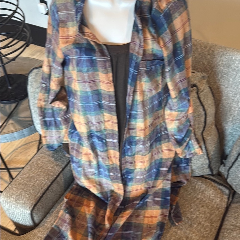 Hem & Thread Blue and Orange Plaid flannel duster